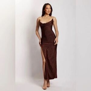 MESHKI tammy shimmer deep v maxi dress in brown umber size XS